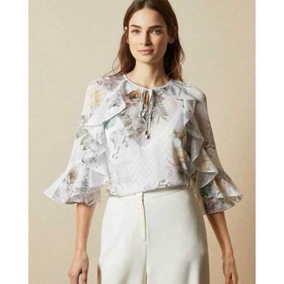 TED BAKER Mariiey Semi-sheer Woodland Ruffle Blouse - Picture 1 of 9